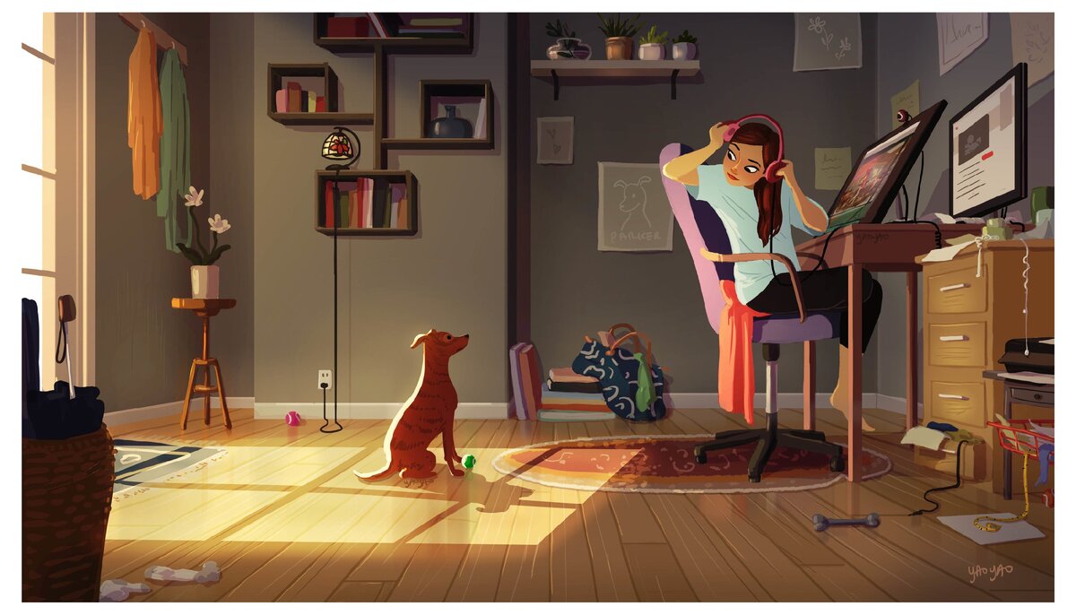 Яояо уже давно работает из дома, где живет со своей собакой.