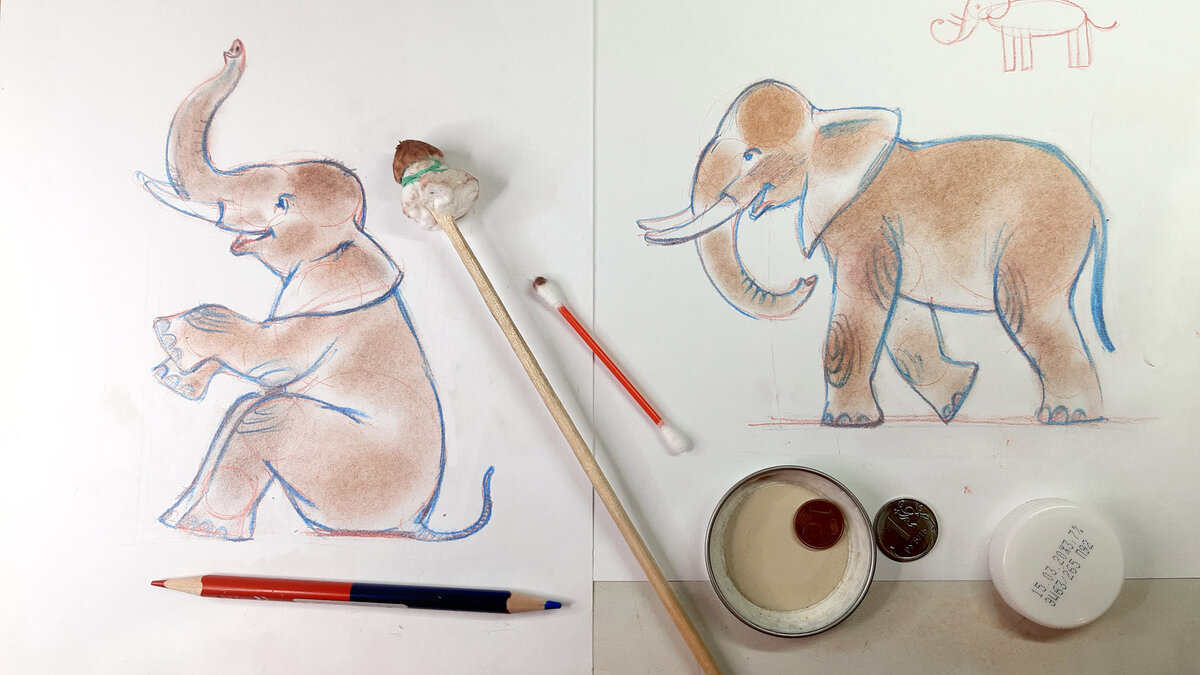 Слон рисует кисточкой
