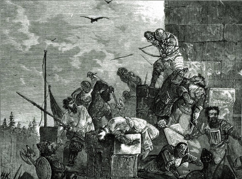 18 мая 1301 года новгородское войско под командованием великого князя Андрея Александровича взяло штурмом шведскую крепость Ландскрона, которая была построена в устье Невы. Художник Н. Каразин.