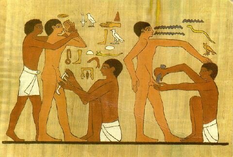 An illustration of a tomb relief at Ankhmaho, Saqqara showing an Egyptian circumcision ceremony. 2350-2000 BCE. (Иллюстрация рельефа. Церемония обрезания. 2350-2000 гг. до н.э. )(https://www.ancient.eu/)
