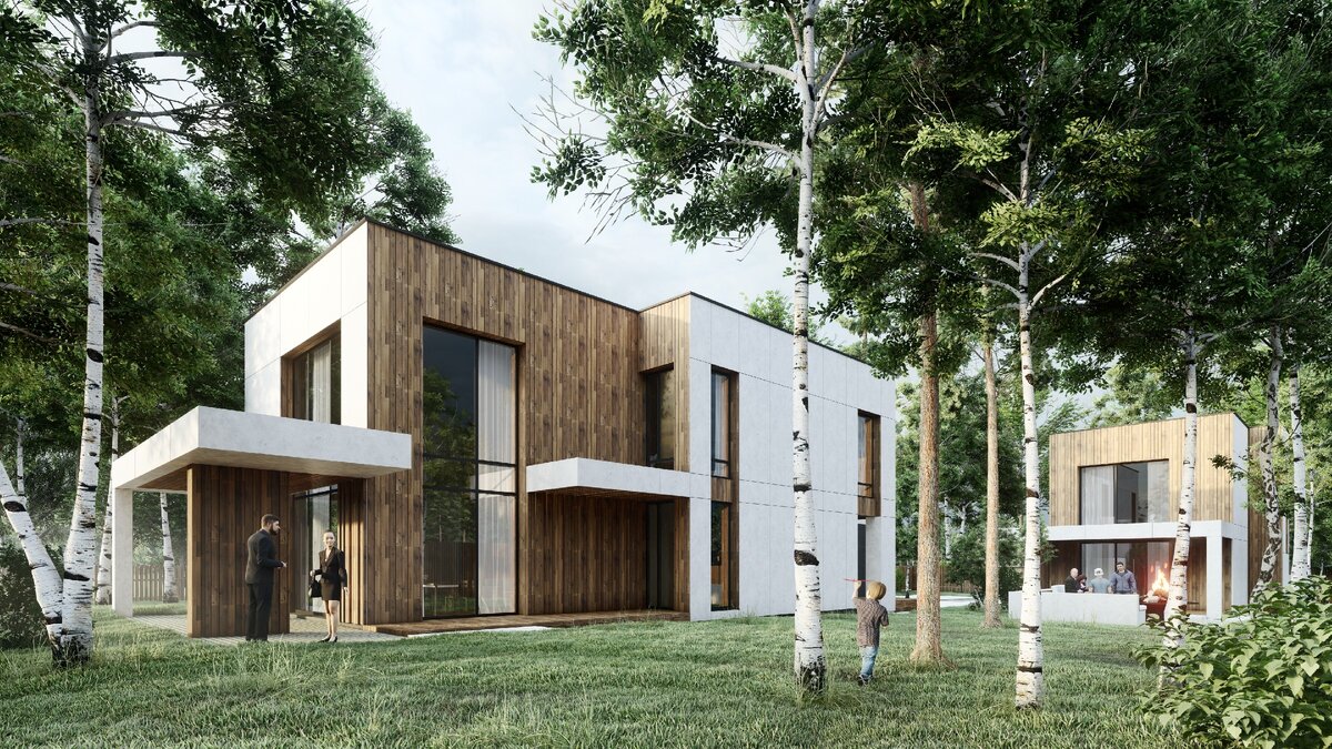 Вид с участка на гостевой и основной дома © CNTR Architects