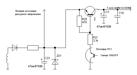 Рис. 2 Схема организации питания на основной ШИМ UC3845B (на схеме могут быть небольшие неточности, так как схема носит структурный характер), С на вторую половину оптопары приходи сигнал Power ON, на схеме эта половина не отображена