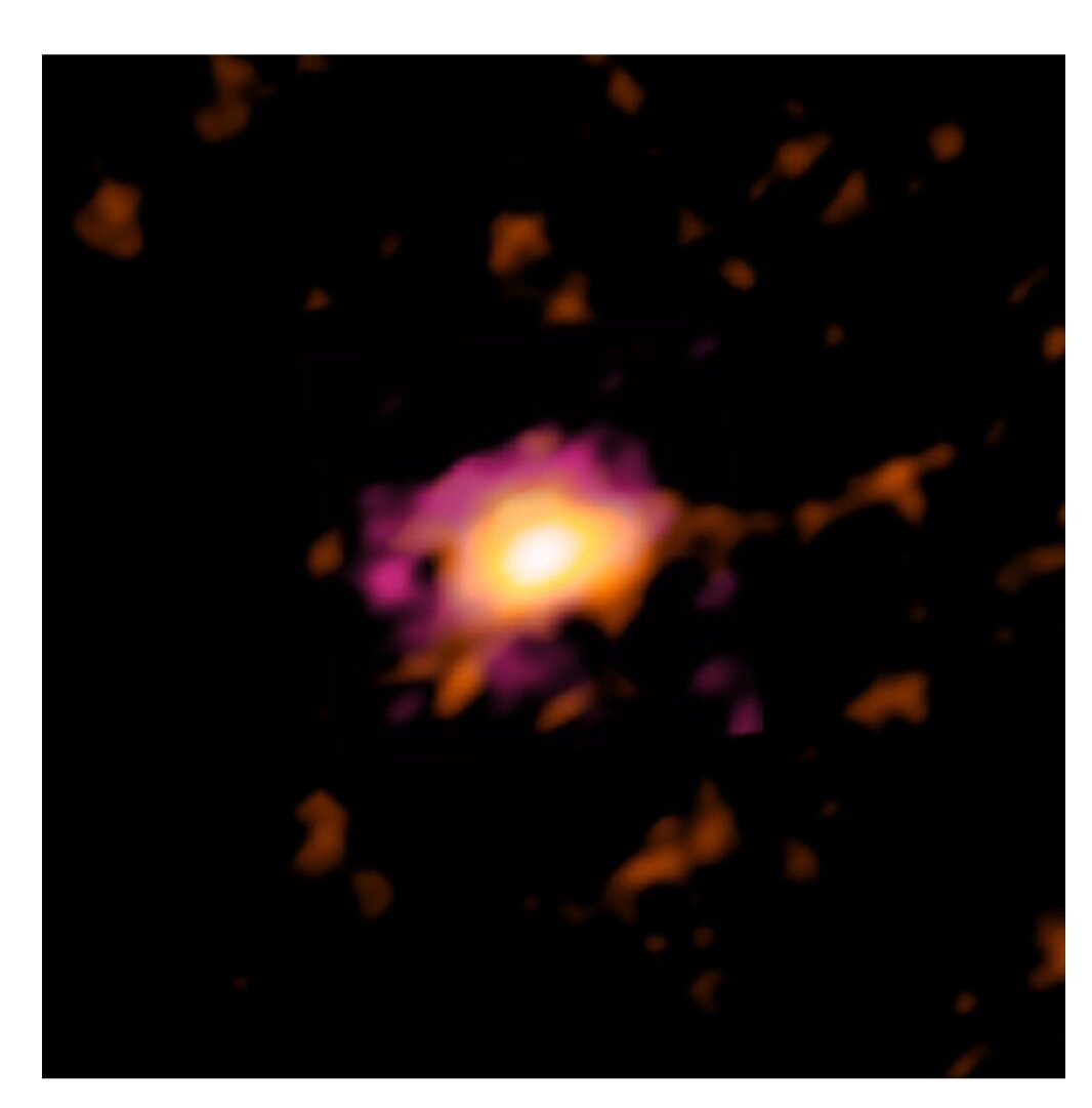 
Галактика DLA0817g в радиодиапазоне. Фото ALMA (ESO/NAOJ/NRAO), M. Neeleman; NRAO/AUI/NSF, S. Dagnello