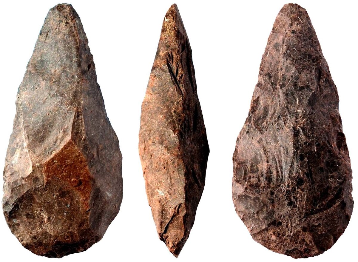 обоюдоострые лезвия  - это следующая ступень эволюции Homo erectus. деревянные рукояти этих топоров не уцелели.  