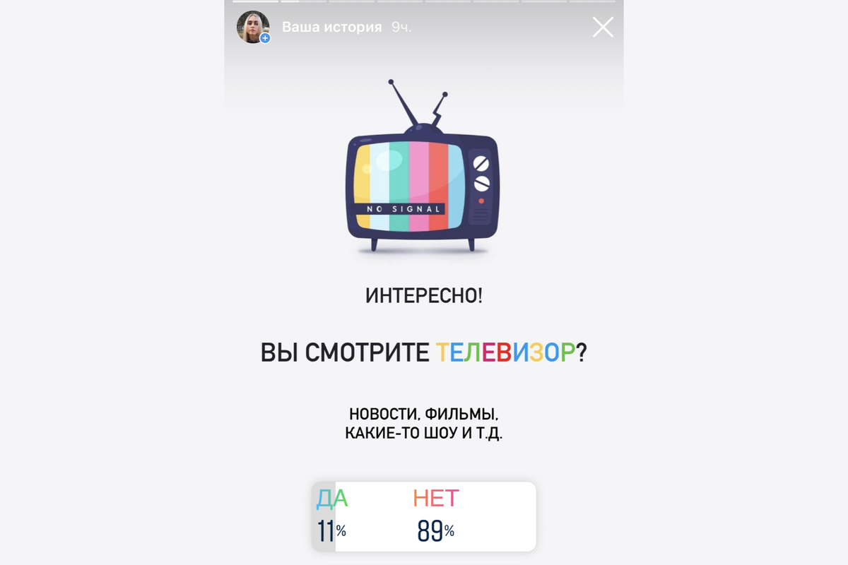 Сегодня я провела опрос среди своих подписчиков. Оказалось, что смотрят телевизор лишь 11% их них!