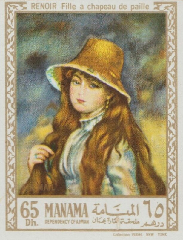 Марка девочка. Марка Ajman Renoir. Марка Манама Renoir. Почтовые марки Ренуар Манама.