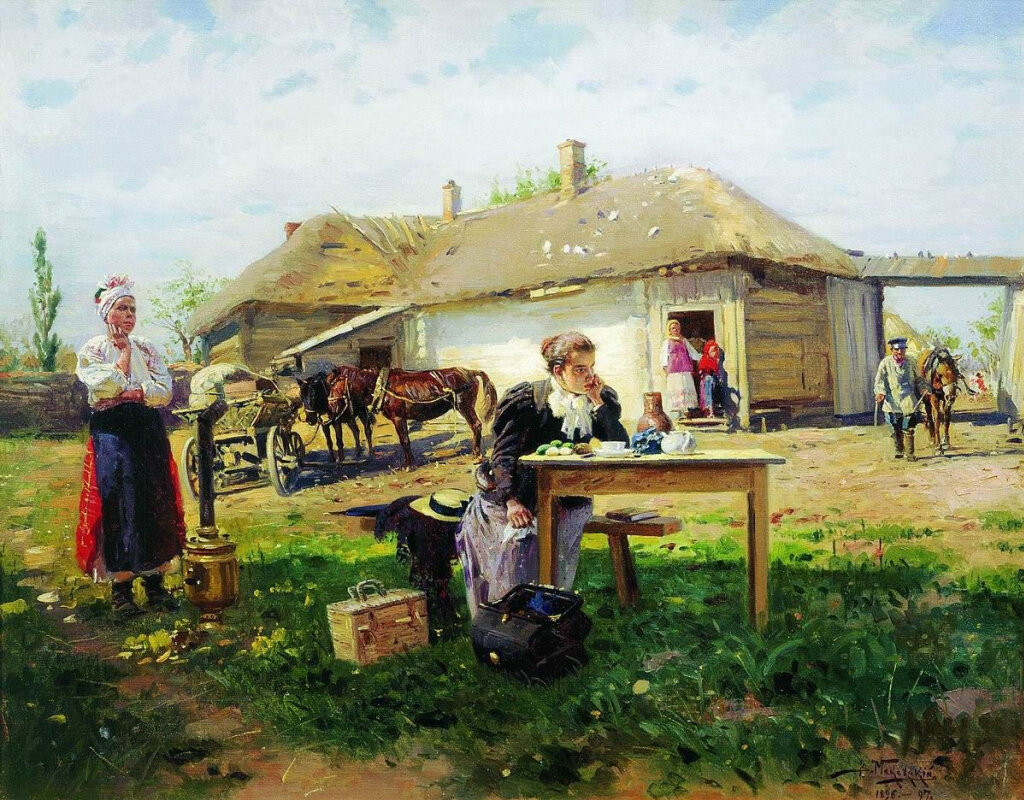 Владимир Маковский «Приезд учительницы в деревню», 1897 год 