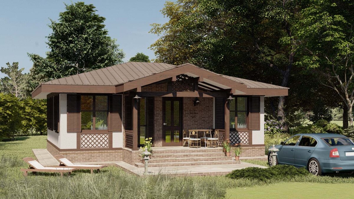 Коттедж выполнен в средиземноморском стиле. Он может органично смотреться как на открытом участке, так и в окружении сада или леса.