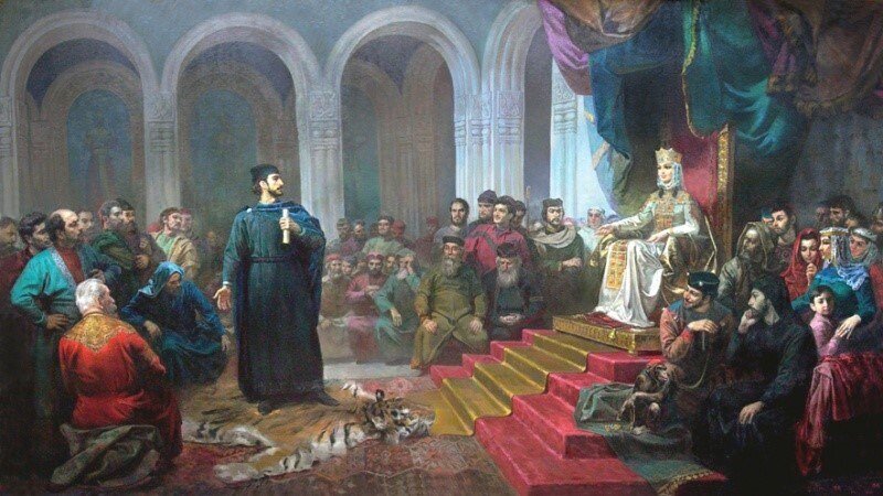 Шота Руставелли читает поэму "Витязь в тигровой шкуре" царице Тамаре.
