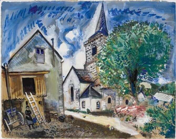 Шагал. Церковь Шамбон-сюр-Лак. 1926. Бумага, гуашь. (Церковь около озера Шамбон)
