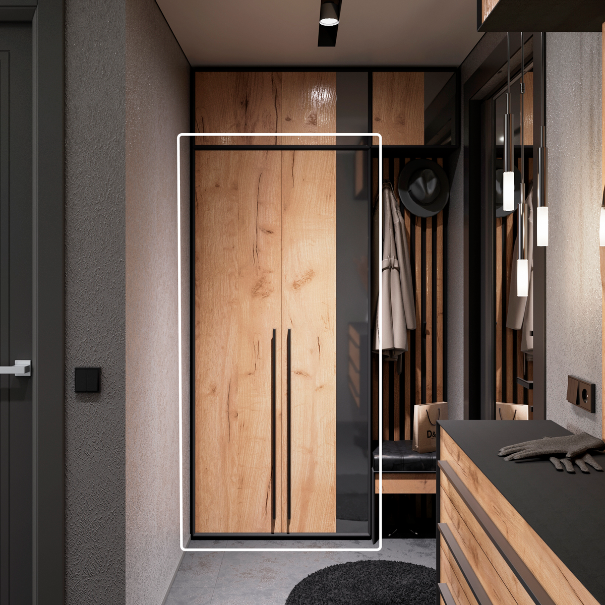 Вот так шкаф Неаполь выглядит на планировке 4 м². Его ручки расположены на удобной высоте, чтобы дверцы могли открывать и взрослые, и дети.