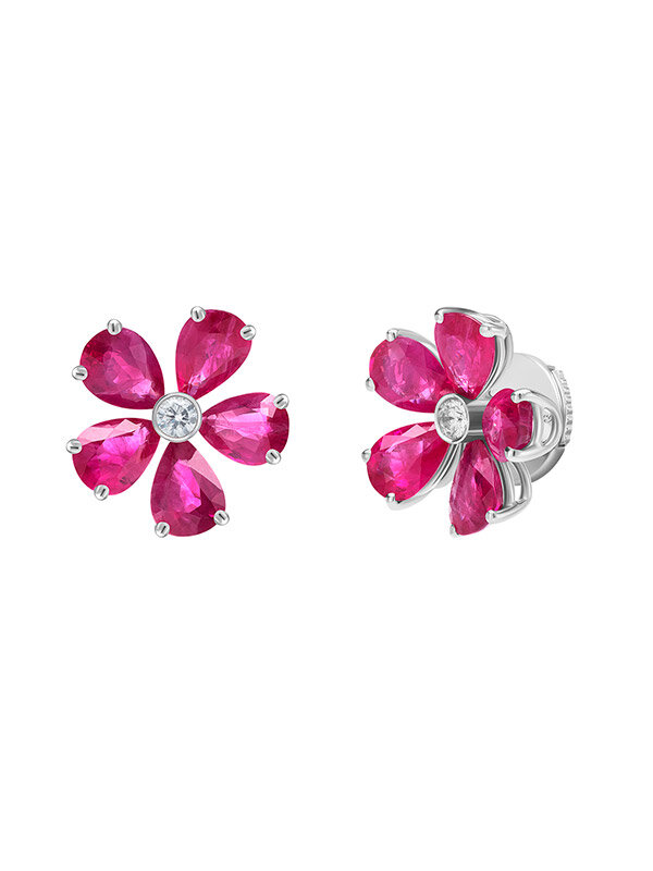 Серьги Mercury Flower из белого золота с бриллиантами и рубинами