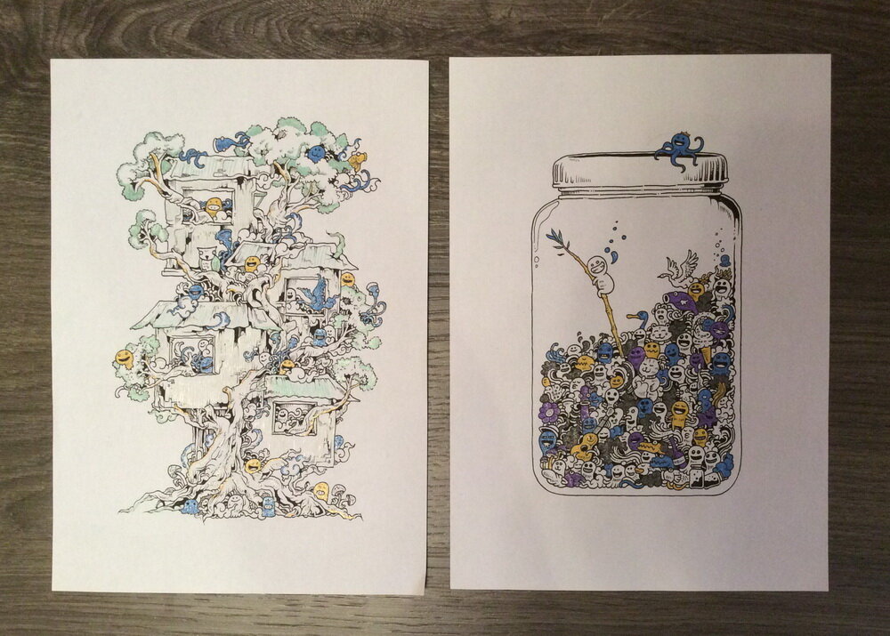 В отличие от литовской раскраски, в которой я отыскала 3 своих паттерна, где дизайнер, не особо запариваясь, просто взял паттерны с Shutterstock и разместил их на разворотах, здесь картинки сюжетные и необычные.