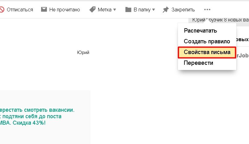  
Свойства письма на почтовом сервисе Яндекс 