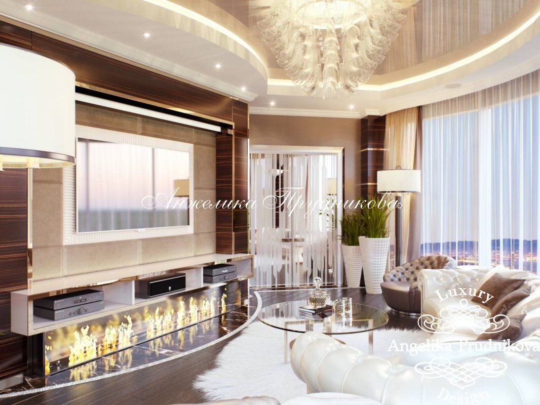 На фото: Гостиная с радиальной планировкой и встроенным камином в зоне ТВ