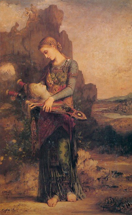 Гюстав Моро «Фракийская девушка, несущая голову Орфея на его лире». 1865 г. С сайта https://gallerix.ru/storeroom/1065654342/N/127604397/