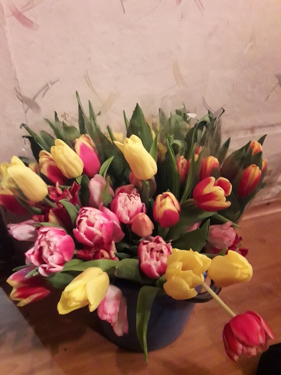 Букетик, который я принесла с работы. Да да, в ведре 😍