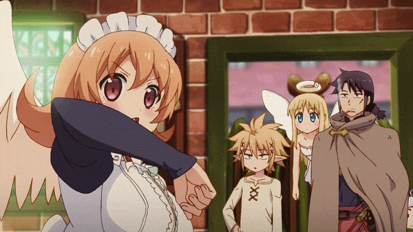 ГИФ'ка из аниме: гарпия Мэйдри неприлично тычет пальцем.