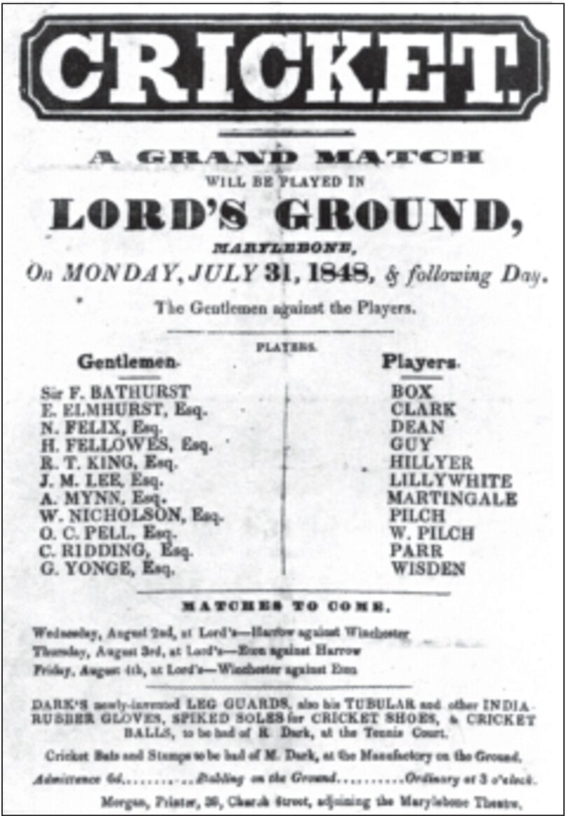 Афиша крикетного матча между джентльменами и игроками.