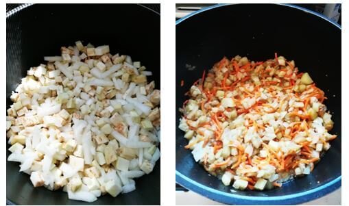  Обжаривание баклажанов с луком и морковью