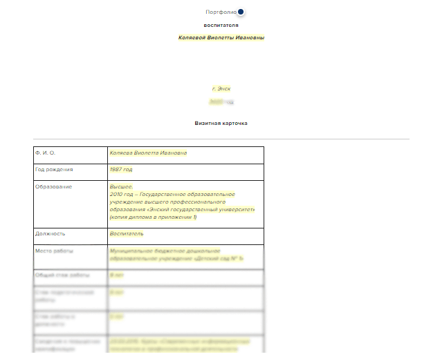 Портфолио воспитателя (образец)