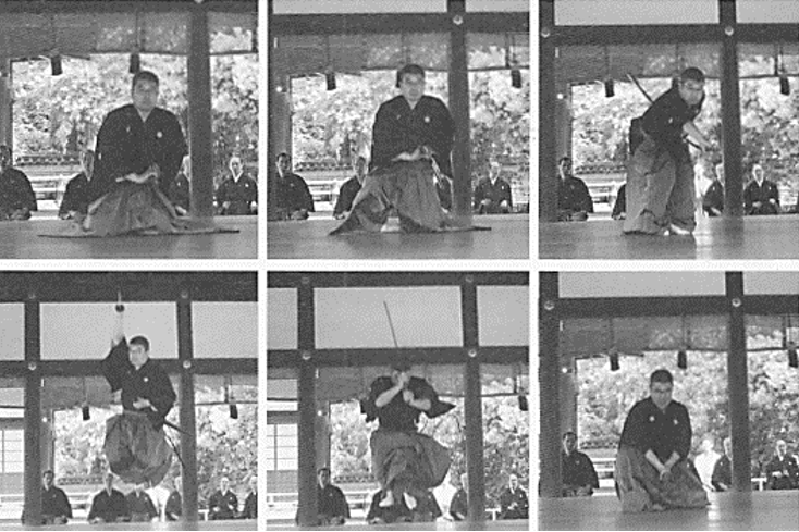 Фото 9-13. Представитель Сэкигути-рю иайдзюцу демонстрирует эффектное прыжковое действие из пложения сидя с одновременным нукиучи (фотографии автора).