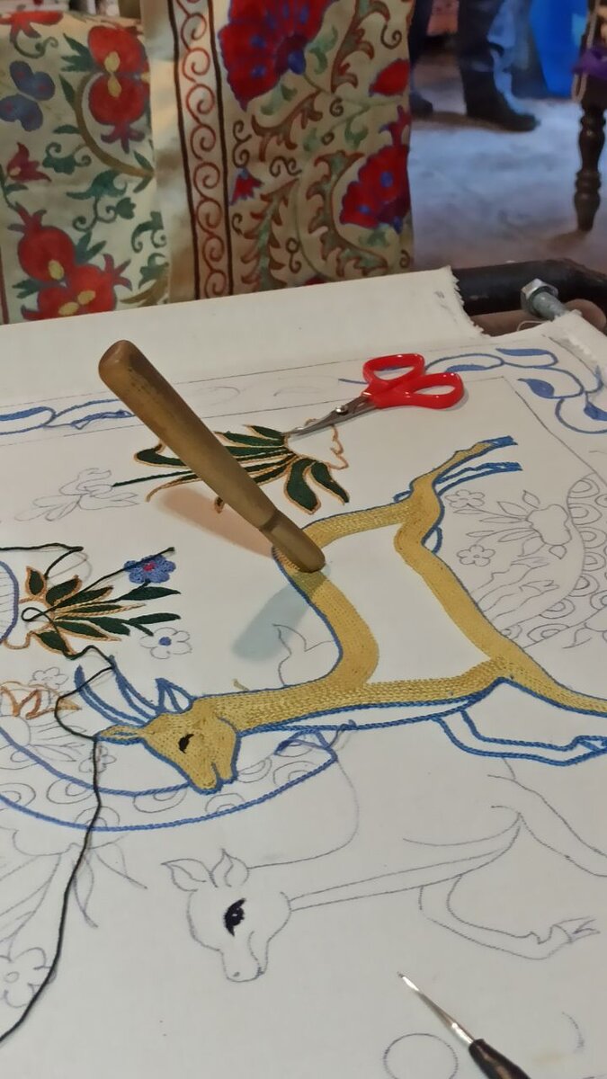 Процесс создания сюзане в мастерской в Бухаре