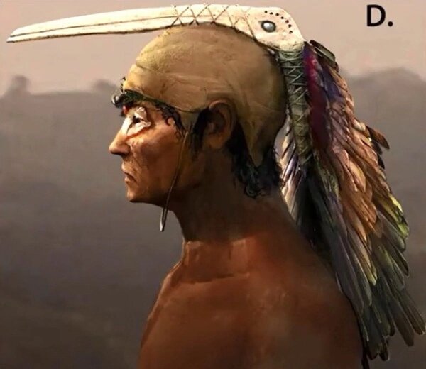 Реконструкция головы и лица с прорисовкой резного головного украшения, выполнил Russel Story.
