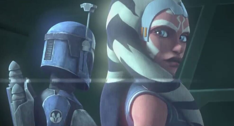 Асока и мандалорский воин из первого трейлера.