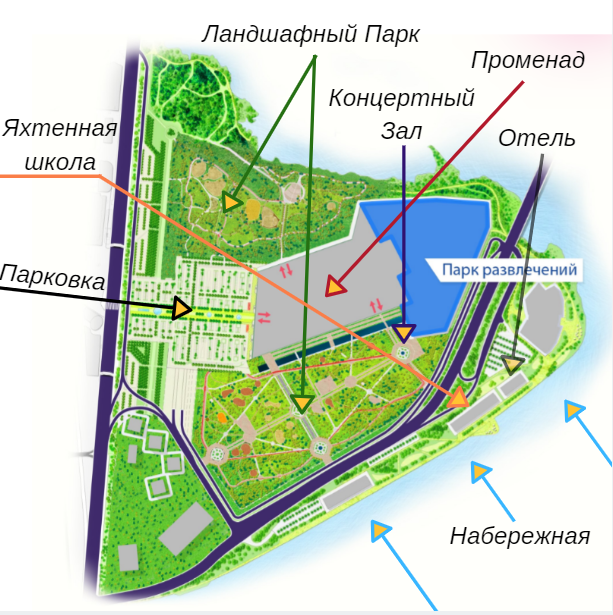 Disneyland  отмечен справа/сверху на карте (Парк развлечений).
