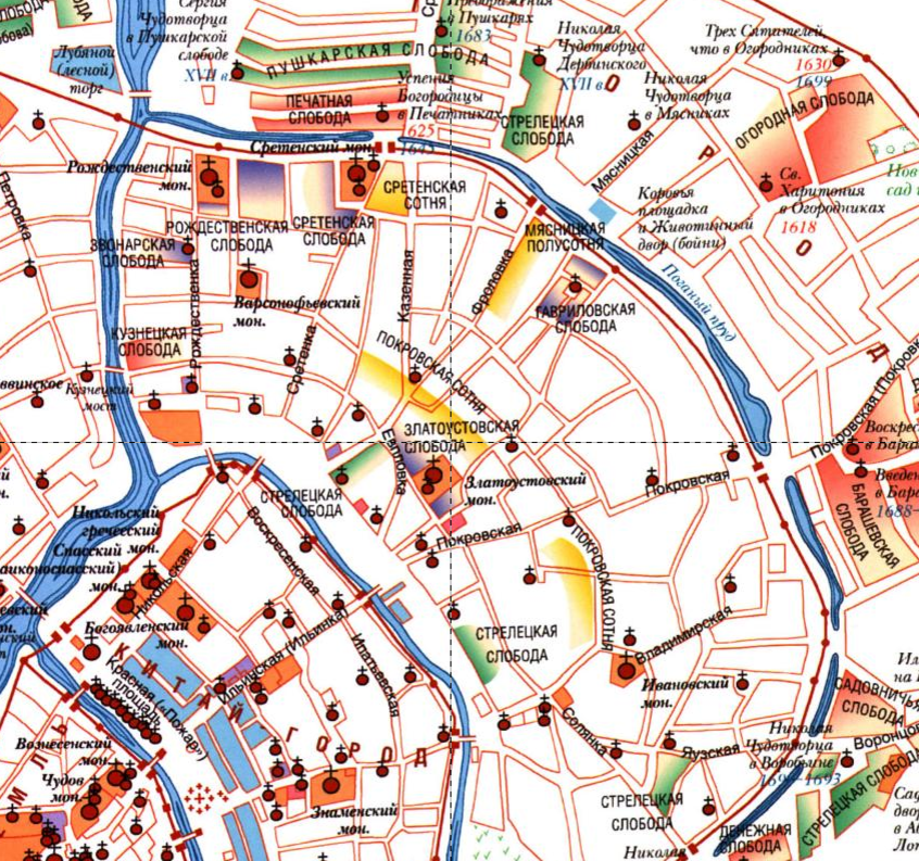 Древняя Москва состояла из кучи слобод и тягловых сотен, которые подчинялись военным и дворцовым ведомствам, находились в частной собственности, в том числе церковной, и так далее
