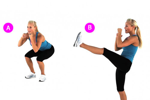 2. Махи ногами или удары.  Встаньте ровно, найдите точку удара (она должна быть примерно на уровне  головы, это может быть какой-либо элемент на шкафу, стене и так далее,  просто можно поставить отметку карандашом), после этого примите боевую  стойку (наподобие кикбоксинга или бокса), затем начиная с правой ноги  делайте удар по отмеченной точке (не по шкафу конечно, а просто на  уровне отметки!). Главное в таком упражнении – поднимать ногу как можно  выше и выполнять упражнение в быстром темпе. На каждую ногу нужно не  менее 30 раз. Это не только прокачает внутреннюю часть бедер, но и  поможет приобрести хорошую растяжку.