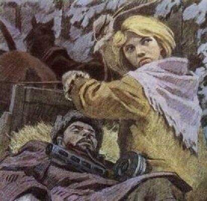 Иллюстрация "Надя Богданова с раненным Ферапонтом Слесаренко после боя возвращаются в партизанский отряд"