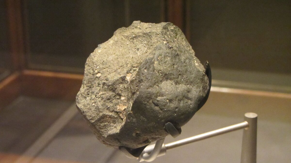 неказистый камень - древнее каменное орудие первых людей Homo habilis .  его возраст 2 миллиона лет и обработанная верхняя грань предназначалась для измельчения костей и плодов. (сегодня в Британском музее, фото Википедия)