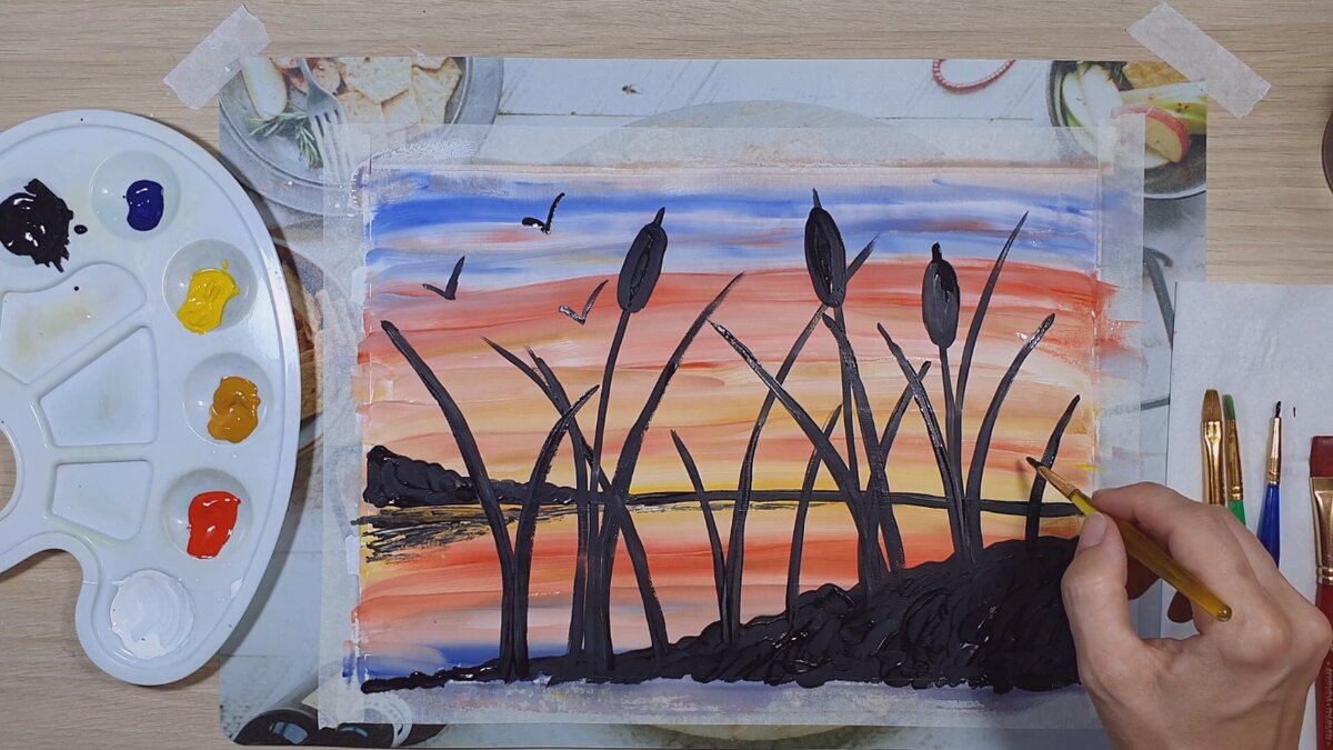 Картина гуашью для детей от 5 лет "Рогоз на закате"