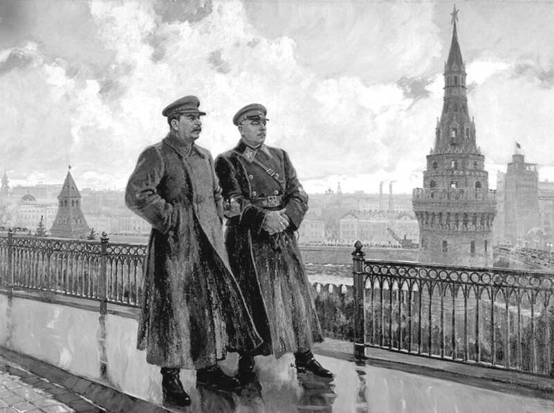 Иосиф Сталин и Климент Ворошилов в Кремле.Художник Александр Герасимов. 1938 г. В народе картину в шутку прозвали «Два вождя после дождя»