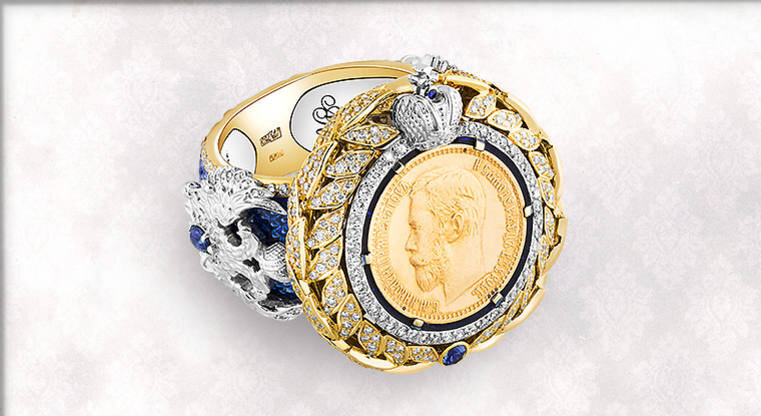 Мужское кольцо Император золото, бриллианты, сапфиры, эмаль.