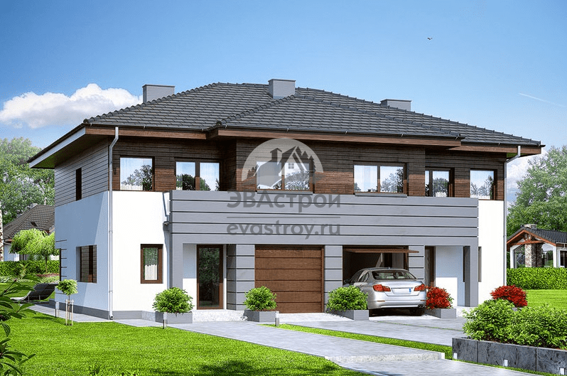 Проект двухэтажного таунхауса 284 м2 из керамоблоков с гаражом, балконом и террасой - NA-3