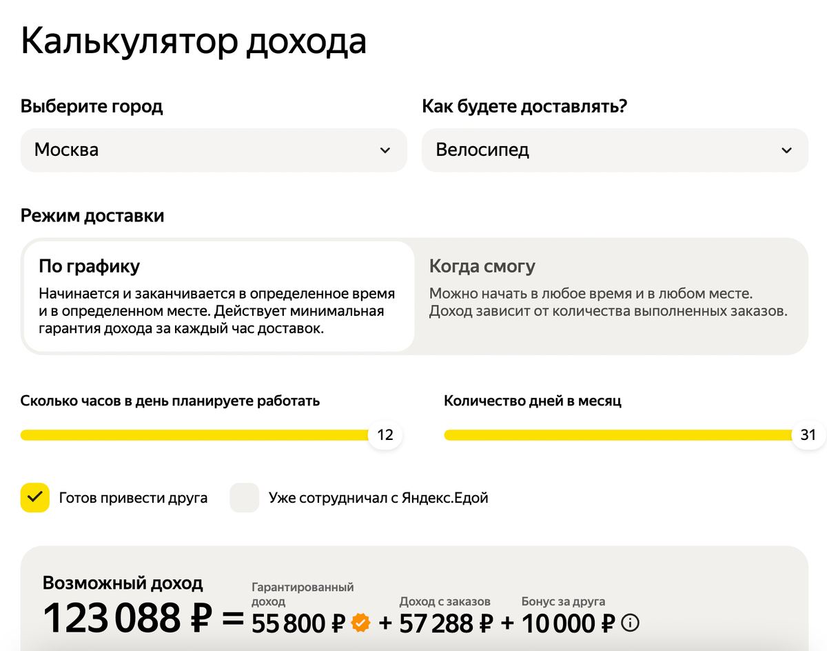 На сайте Яндекс Еды вы можете рассчитать примерный доход. Он зависит от вашего графика и региона 