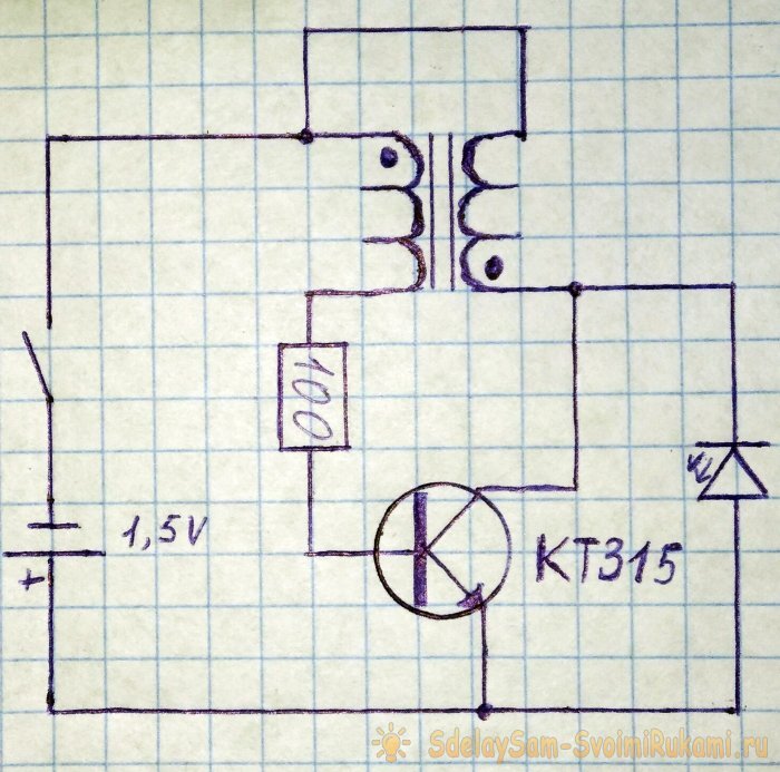 Зажигаем светодиод от одной батарейки