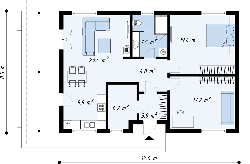 Одноэтажный трехкомнатный дом 8,5х12,6 м, общей площадью 97 кв.м.