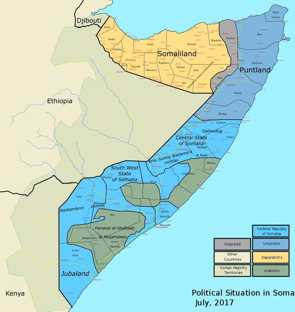 Сомали и части на которые распалась страна. Пунтленд — темно-синим, на северо-востоке.