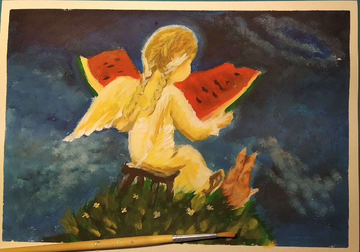 Ангелочек с арбузом. Акрил