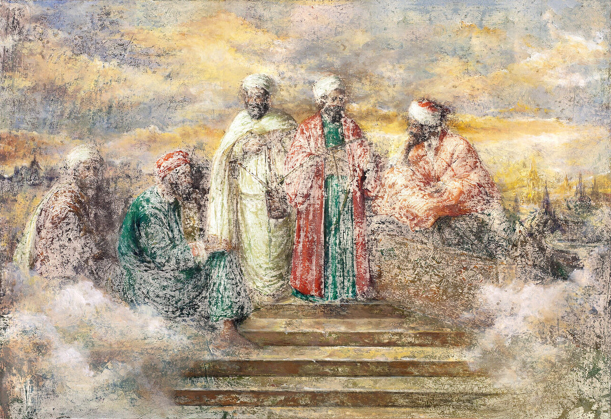 На мой взгляд в этой картинке художник заставляет зрителя убедится в том, что скупость выразительных средств лишь добавляет глубины смысла и остроты их его восприятия. Композиция работы является образцом классического академизма в лучшем смысле этого слова. Перед зрителем пять фигур, стоящих на возвышении в различных позах. Все они одеты стилизованные «восточные» одежды- широкие разноцветные хитоны, тюрбаны, дополнительные драпировки.  Фигуры расположены в центре картины на возвышении, куда ведут несколько ступеней каменной лестницы. И следуя взглядом по этой лестнице, повторяя мерный шаг восхождения зритель воспринимает его не столько как подъем вверх на постамент, сколько как освоение вершин знаний и высотам духа. А там в центре на уровне глаз и располагаются эти пять философов. Они захватывают зрителя в свой особый восходящий ритм поз, жестов, цветовых пятен. Он начинается с плавной линии силуэтов двух сидящих фигур слева, затем поднимается в центре и затухает, обходя фигуру сидящего справа человека. Этот же ритм повторен и в основных цветовых пятнах, словно являющейся реальным воплощением теоретических постулатов болонского академизма: золотисто-бежевый, коричневая сиена, зелень, красный, вновь золотисто-бежевый и красный с зеленым, но теперь уже  более масштабными пятнами и все затухает в оранжевом и сер-коричневом.         Помимо академической итальянской классики у этой работы есть еще прототип в истории искусства. Это одна из самых загадочных картин эпохи Возрождения- «Три философа» Джорджоне (1505-1509. Музей истории искусств. Вена). Это одна из последних картин художника была закончена в год его смерти. Она была написана по заказу венецианского купца Тадео Контарини, который увлекался алхимией и оккультизмом. Из-за ранней смерти Джорджоне считается, что ее завершил Себастьяно дель Пьомбо.
          В картине великого мастера венецианского Возрождения изображены три философа разных возрастов – юноша, мужчина средних лет и старик. Нынешнее название взято из «Записок» Маркантонио Микьеля, видевшего картину в одном из венецианских домов. В работе Джорджоне каждый из персонажей имеет сове значение. Один из них олицетворяют древнегреческую философию (старик), арабскую (взрослый мужчина) и философию Возрождения (юноша на фоне природного ландшафта). На заднем плане видна деревня, вдали – горы с некоей синей областью, значение которой неизвестно. Юноша изучает пещеру, изображённую в левой части картины, с помощью измерительного инструмента. 
           За столетия сложились различные трактовки картины Джорджоне. Многие считают ее живописной аллегорией передачи знаний древнегреческой философии через арабские переводы итальянскому Возрождению. Старик в этом случае может представлять Платона или Аристотеля, араб – Авиценну, Ибн Рушда или другого учёного Золотого века ислама, юноша – науку Возрождения, уходящую корнями в прошлое и вглядывающуюся в темноту пещеры, хранящей неизвестные секреты, которая в свою очередь может символизировать концепцию Платоновой пещеры. 
           Есть еще предположение, что художник хотел изобразить три возраста человека. И три его героя олицетворяют собой юность, зрелость и старость, либо три эпохи европейской цивилизации: античность, средние века, Возрождение или три основные религии: иудаизм, христианство и ислам.
            В картине нашего современника их группа едина, и зритель воспринимает их как символ восточной мудрости, что позволяет объединить, казалось бы, не совместимое- Восток и Запад. Не случайно он помещает в левой части картины силуэты храмов, похожие на восточные, справа мы видим узнаваемые шпили готических соборов.
           Художник объединяет эти два мира и ритмом цветовых пятен, ведь и начало и конец этой ритмической линии выполнены в одной цветовой гамме, а вспышки красного и изумрудной зелени на золотом фоне- словно еще раз убеждают нас в той роскоши востока, что реализуются не только в декоративном многоцветье, но и в глубине и многообразии мысли. И хотя картина вызывает ассоциации с произведением «Три философа» Джорджоне, она, конечно же иная: у автора это пять философов, иная ритмика цвета- кирпичные, зелень, золотистый красные и зеленый, и бежевый. Можно считать, что в этих цветах отражены и роскошь восточной культуры, и символика ее направлений в философии. Восток здесь не только в тюрбанах, но здесь присутствует и главный цвет этого мира- изумрудная зелень. Восходящая лестница — это мудрость к высотам духа и знаний, а сам характер живописи с многослойными мазками словно воспоминание о миражах восточной пустыни.
           Сама живописная манера придает этой картине особый смысл этой работе придает и сама живописная манера, которую использует художника.  Словно патина времени покрывает пространство холста и сквозь нее внимательный зритель виде эти четко приписанные силуэты, складки, идеально вылепленные восточные лица, воздушные облака и силуэты храмов.
