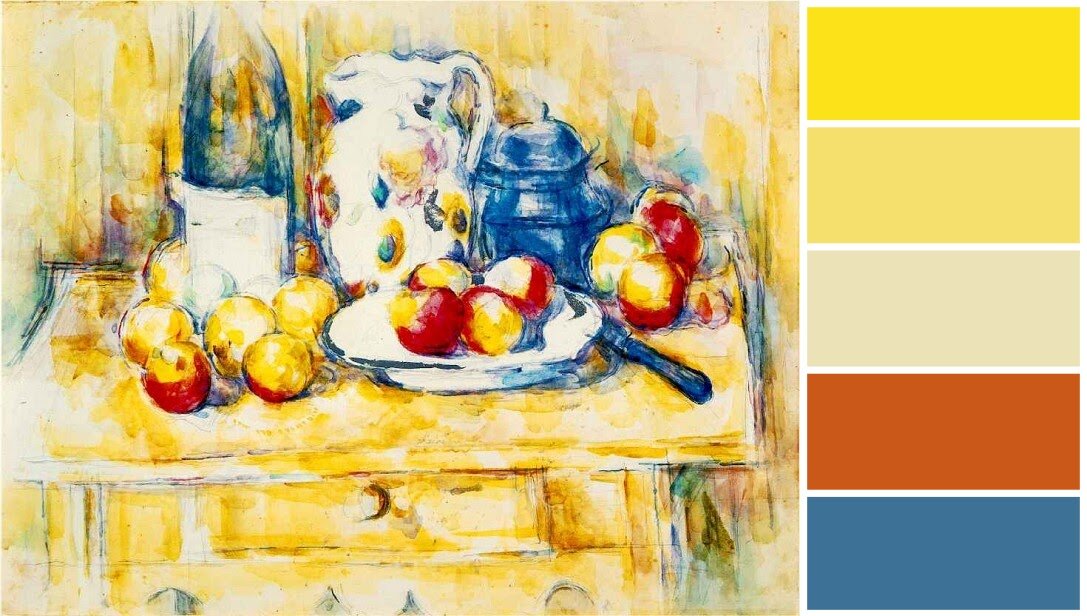 Поль Сезанн “Натюрморт с яблоками, бутылкой и кувшином молока”