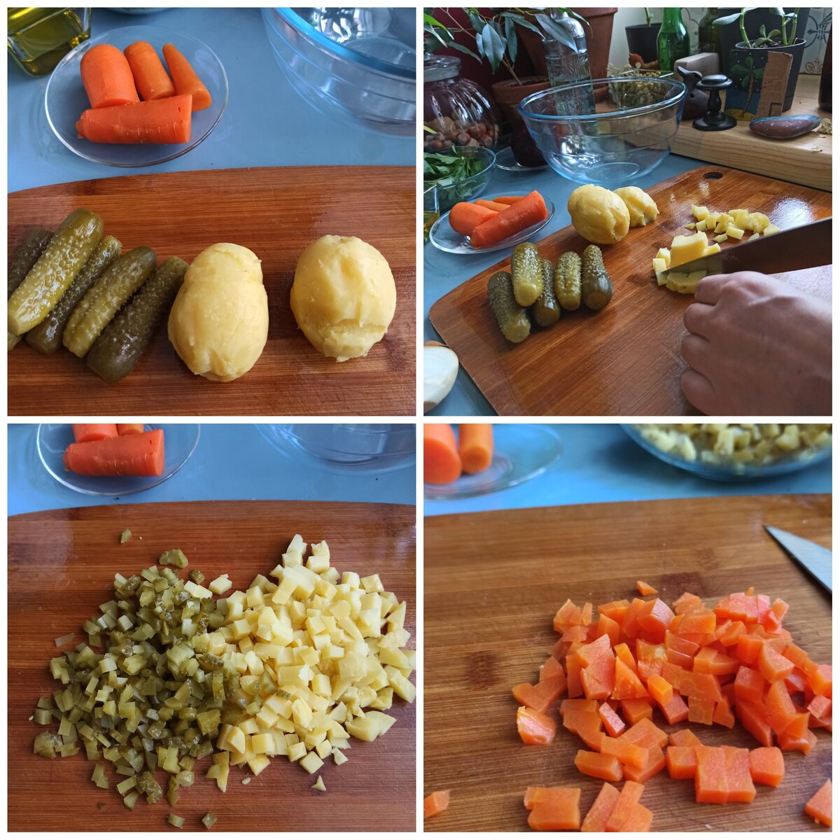 Картофель, огурцы и лук нарезаю маленькими кубиками.