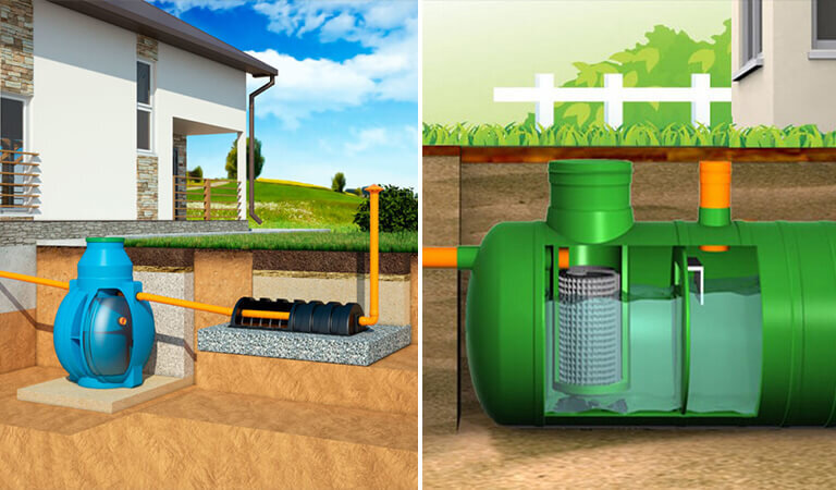 Септик с доочисткой слева и с биофильтром справа