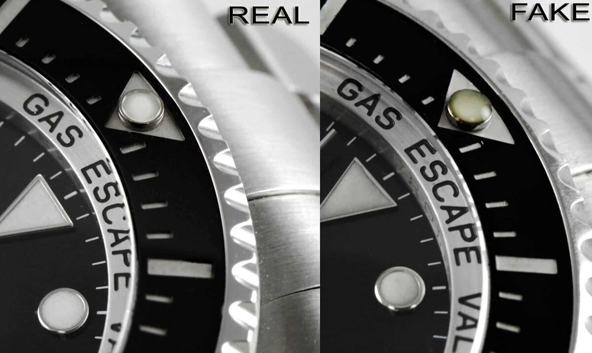 Отличия кроются в деталях, макроснимок оригинальных и поддельных Rolex Sea-Dweller, фотография взята с сайта https://www.gentlemansgazette.com/how-to-buy-rolex-and-spot-fake/