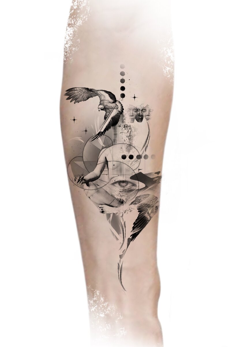 Пример эскиза, включающего в себя разные стили: реализм, геометрия, абстракция.