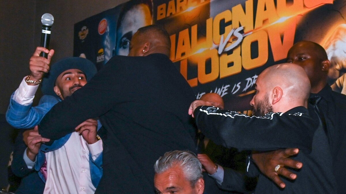 Пола Малиньяджи и Артёма Лобова разнимают на конференции Источник: https://www.fightsports.tv/watch-malignaggi-spits-at-lobov-during-face-off/